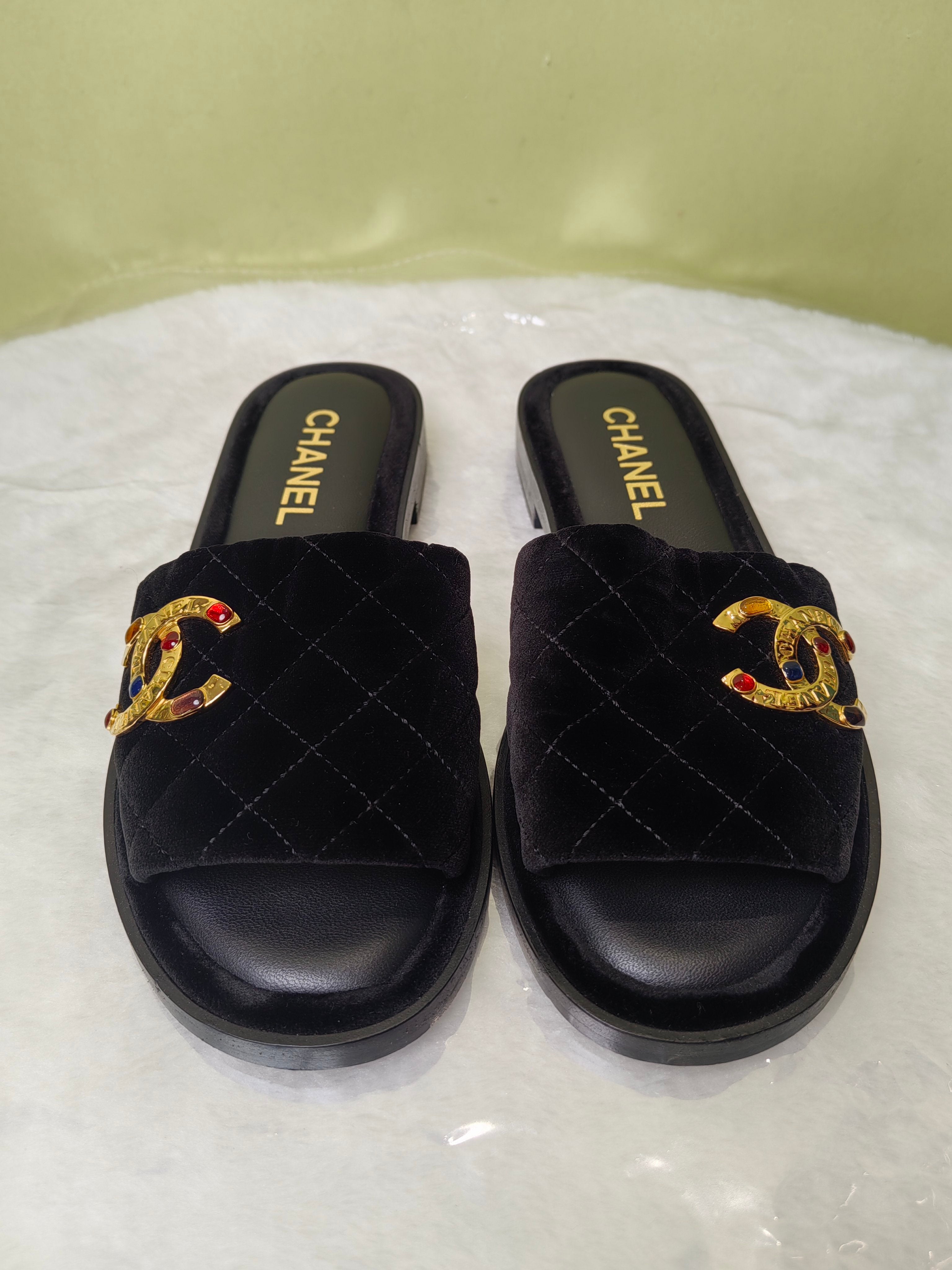 Chanel Velvet Black Flip flop